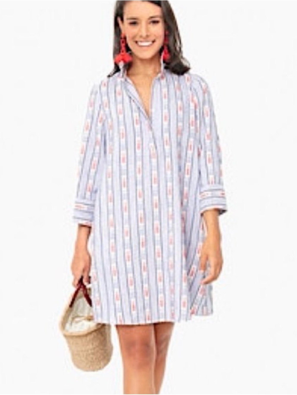 Tuckernuck Blue and White Striped Mini Dress with Coral Motifs